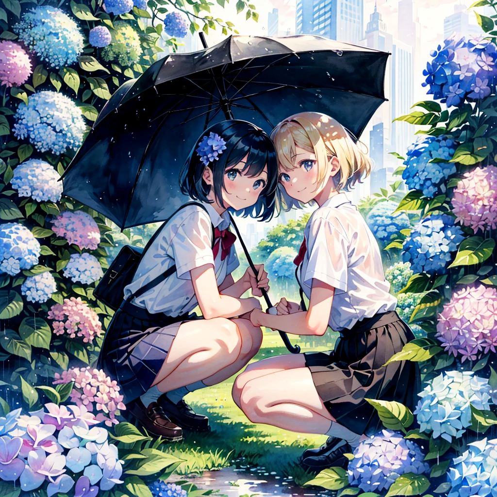 Absurd, High resolution,
Girl with umbrella in the rain, wear , Hydrangea flowers, Squat, Dynamic Angle, watercolor, Young student, Smile Break