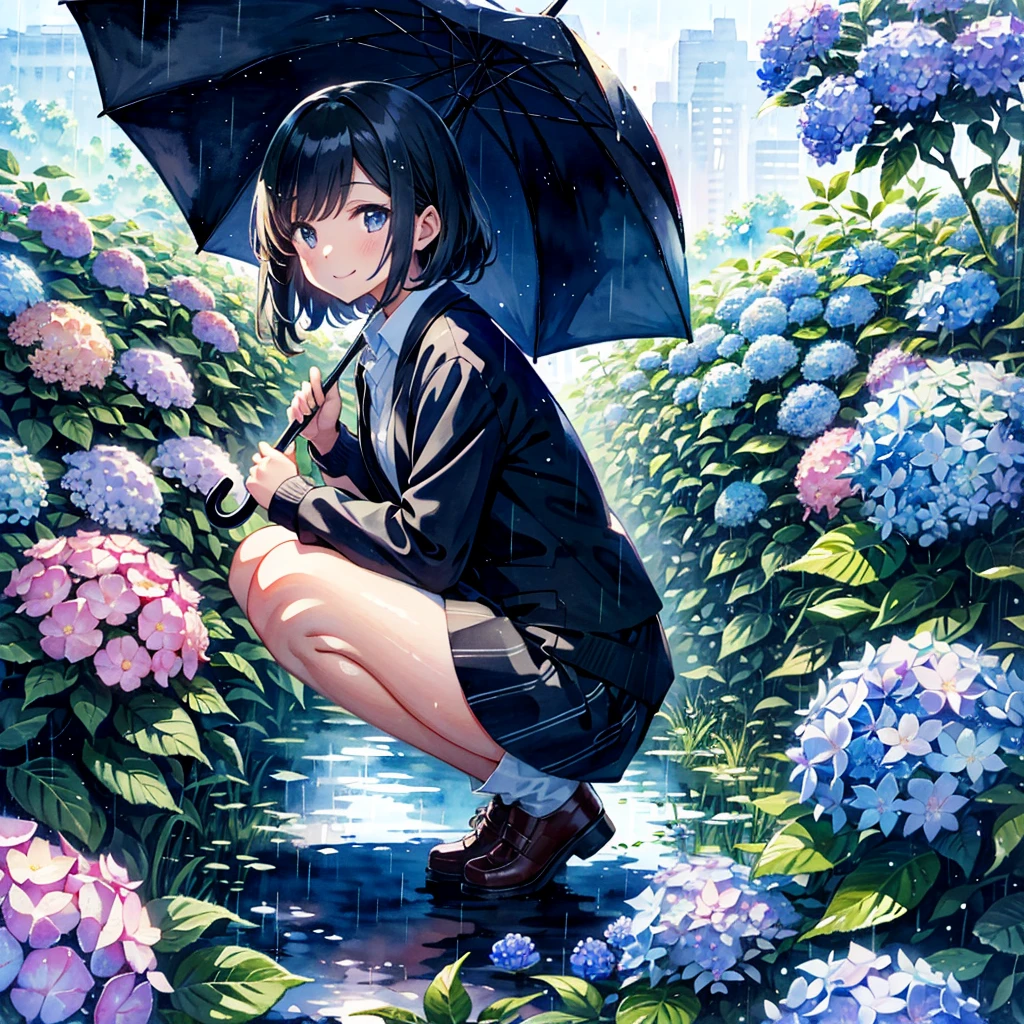 Absurd, High resolution,
Girl with umbrella in the rain, wear , Hydrangea flowers, Squat, Dynamic Angle, watercolor, Young student, Smile Break
