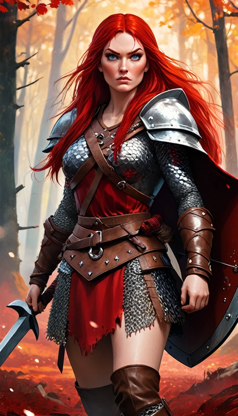 A fierce red-haired warrior, Red Sonja, in chain mail, very sexy, full of blood, with a wooden shield full of stuck arrows, and an axe, in a closed forest landscape, autumn, blood stains (best quality, 4k, 8k, high resolution, masterpiece: 1.2), ultra detailed, vivid colors. bokeh, portraits, concept art, dramatic lighting, art inspired by Bill Sienkiewicz
