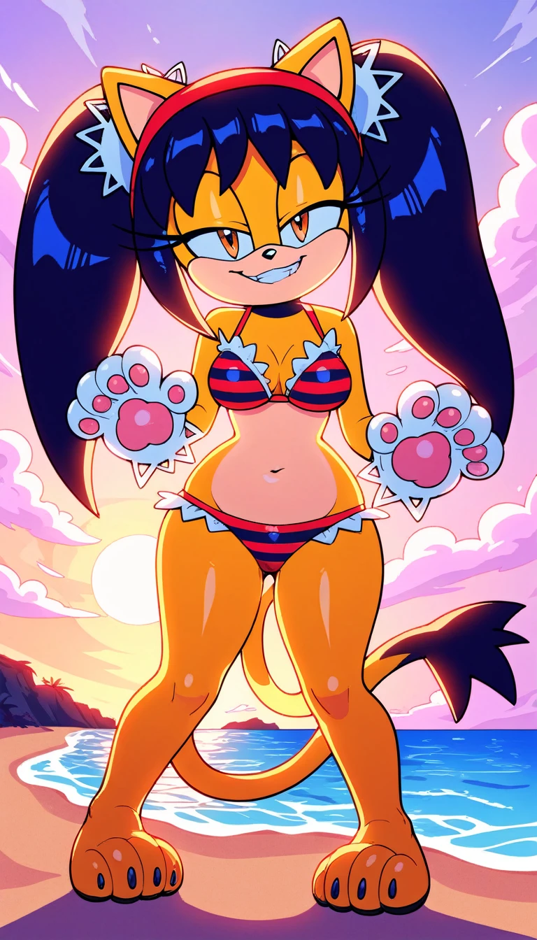 score_9, score_8_up, 2D, beach, sunset, looking at viewer, 1girl, very detailed, extremely detailed, honey the cat from the sonic the hedgehog series, full body, frilly hair ties, half-closed eyes, smug smile, {(red bikini), (striped bikini bra), (striped bikini panties), hips, thighs, medium breasts, paw feet