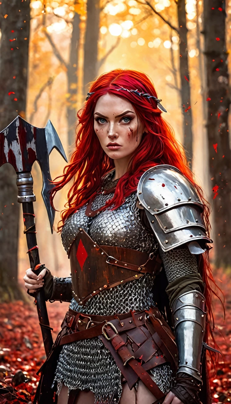 A fierce red-haired warrior, Red Sonja, in chain mail, very sexy, full of blood, with a wooden shield full of stuck arrows, and an axe, in a closed forest landscape, autumn, blood stains (best quality, 4k, 8k, high resolution, masterpiece: 1.2), ultra detailed, vivid colors. bokeh, portraits, concept art, dramatic lighting, art inspired by Bill Sienkiewicz