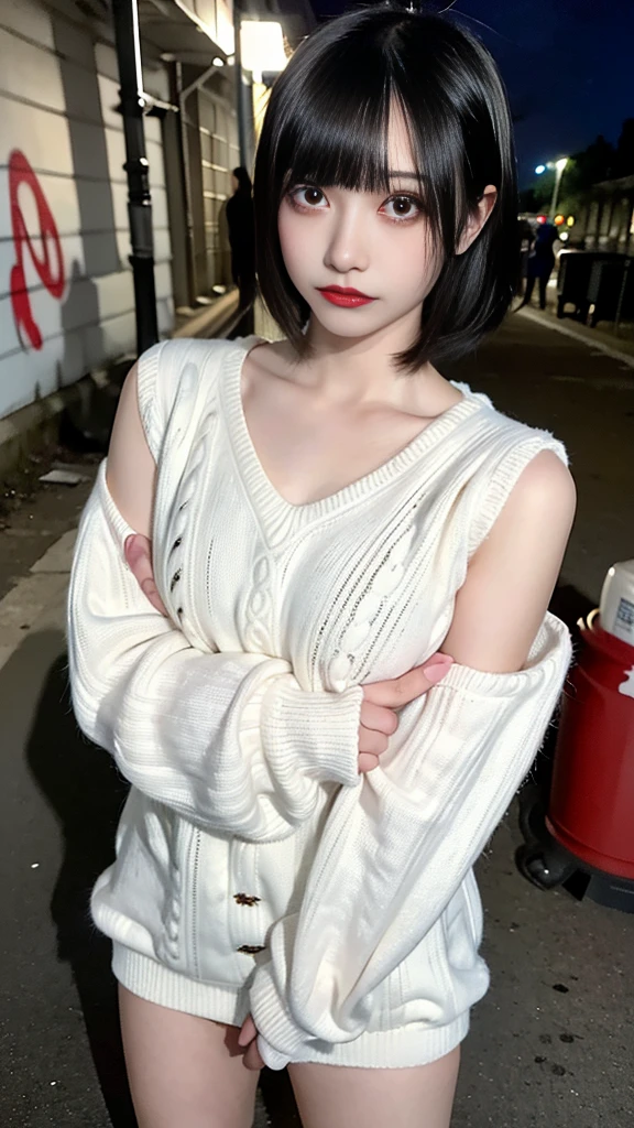 raw photo, 8k, (top-quality), Realistic, (real picture, Intricate details), (natural skin texture, detailed skin, hyper realism, sharpness), (Japanese teenage girl standing in a dirty back alley at night, folding arms, graffitied wall:1.3), ((white hand-knitted long sweater, v-neck sweater)), (pale skin:1.2), slender body, ((shorthair, blunt bangs)), (seductive face, provocative look, Parted lips:1.3, eye shadow, eyeliner, tear bag, red lipstick), thigh, graffiti:1.5, trash can, night time, spot lighting:1.3