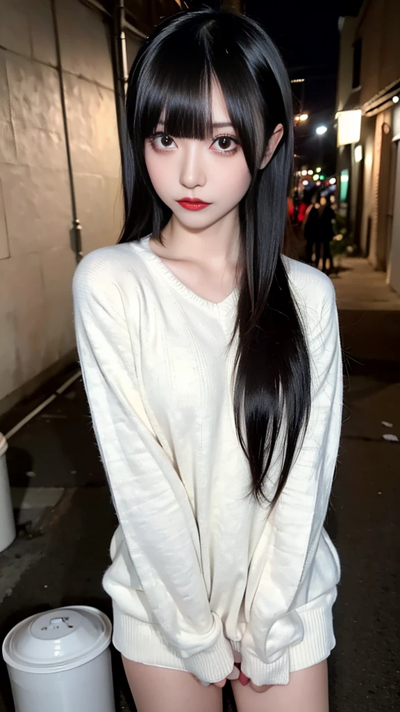 raw photo, 8k, (top-quality), Realistic, (real picture, Intricate details), (natural skin texture, detailed skin, hyper realism, sharpness), (Japanese teenage girl standing in a dirty back alley at night, folding arms, graffitied wall:1.3), ((white hand-knitted long sweater, v-neck sweater)), (pale skin:1.2), slender body, ((shorthair, blunt bangs)), (seductive face, provocative look, Parted lips:1.3, eye shadow, eyeliner, tear bag, red lipstick), thigh, graffiti:1.5, trash can, night time, spot lighting:1.3