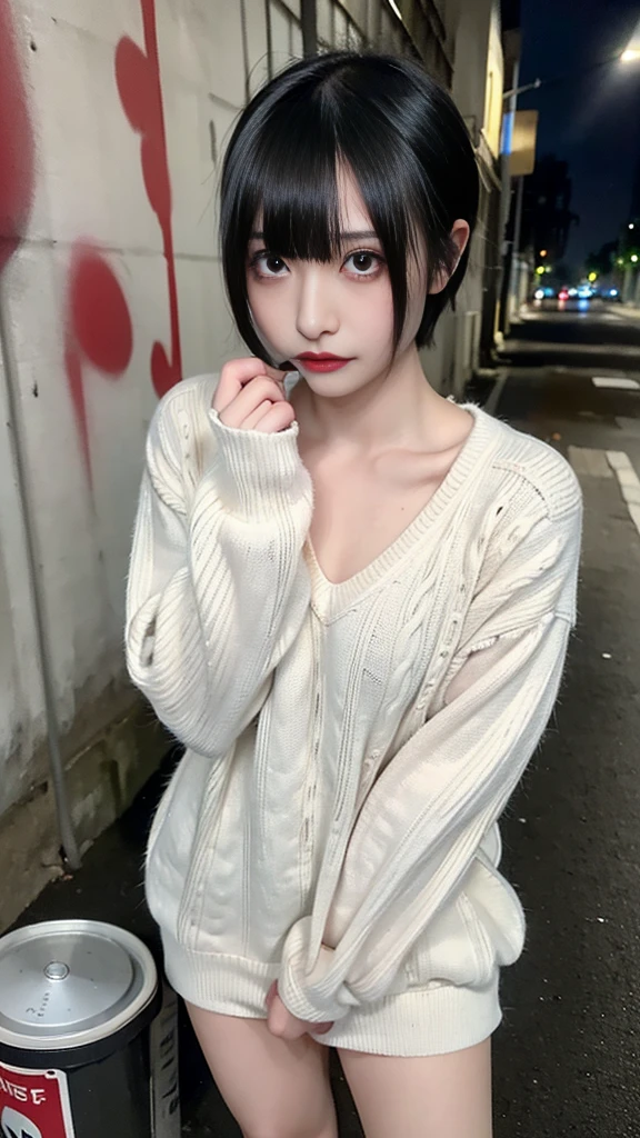 raw photo, 8k, (top-quality), Realistic, (real picture, Intricate details), (natural skin texture, detailed skin, hyper realism, sharpness), (Japanese age girl standing in a dirty back alley at night, folding arms, graffitied wall:1.3), ((white hand-knitted long sweater, v-neck sweater)), (pale skin:1.2), slender body, ((shorthair, blunt bangs)), (seductive face, provocative look, Parted lips:1.3, eye shadow, eyeliner, tear bag, red lipstick), thigh, graffiti:1.5, trash can, night time, spot lighting:1.3