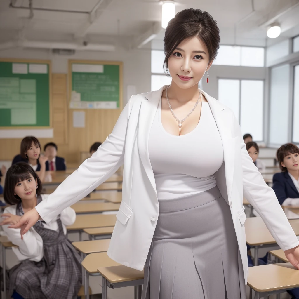 ((masterpiece))、((Highest quality))、picture、Reality、High-level image quality、Advanced Depth of Field、Ultra-detailed、Realistic lighting、Dynamic composition、(Stand at the back of a school classroom:1.3)、Visiting Day、Hair tied back in an updo、(Married women、60s)、Beautiful woman、Mature Mom、Delicate facial features、Realistic Background、Big sexy lips、Sensual smile、Smile shyly、(Huge breasts)、(Saggy breasts:1.2)、(A clean white jacket and grey skirt for the ceremony:1.4)、Breast enlargement、Necklaces and earrings
