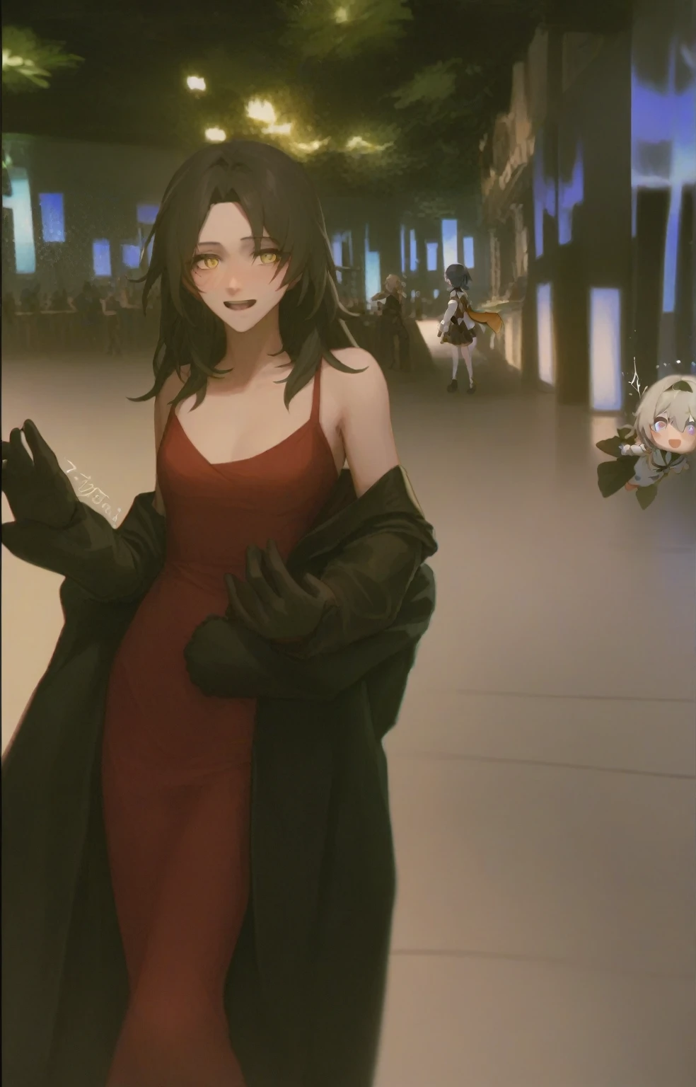 score_9, score_8_above, score_7_above, score_6_above ,2 girls, several girls, that carries, blush, SMILE, black hair band, gray fur, wide, medium hair, hair band, dress, gloves, Jacket, shirt, Skirt, absurdities, black gloves, black Jacket, black Skirt, that carries person, Firefly \(Honkai: star rail\), high resolution, Honkai: star rail, Honkai \(series\), long sleeves, looking at the viewer, mochiduki, Open mouth, princess carry, purple eyes, simple background, job \(Honkai: star rail\), pioneer \(Honkai: star rail\), yellow eyes