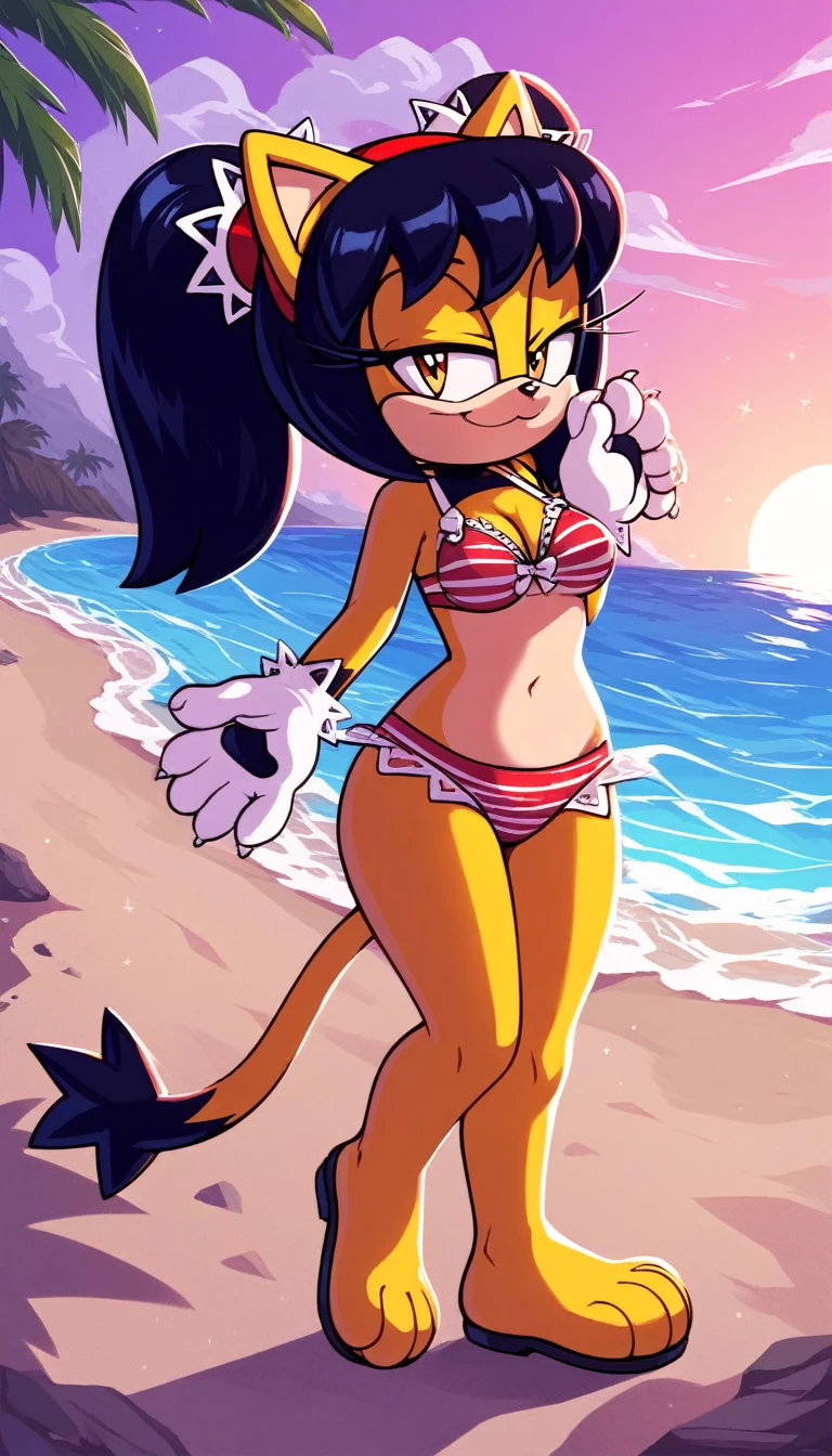 score_9, score_8_up, 2D, beach, sunset, looking at viewer, 1girl, very detailed, extremely detailed, honey the cat from the sonic the hedgehog series, full body, frilly hair ties, half-closed eyes, smug smile, {(red bikini), (striped bikini bra), (striped bikini panties), hips, thighs, medium breasts, paw feet