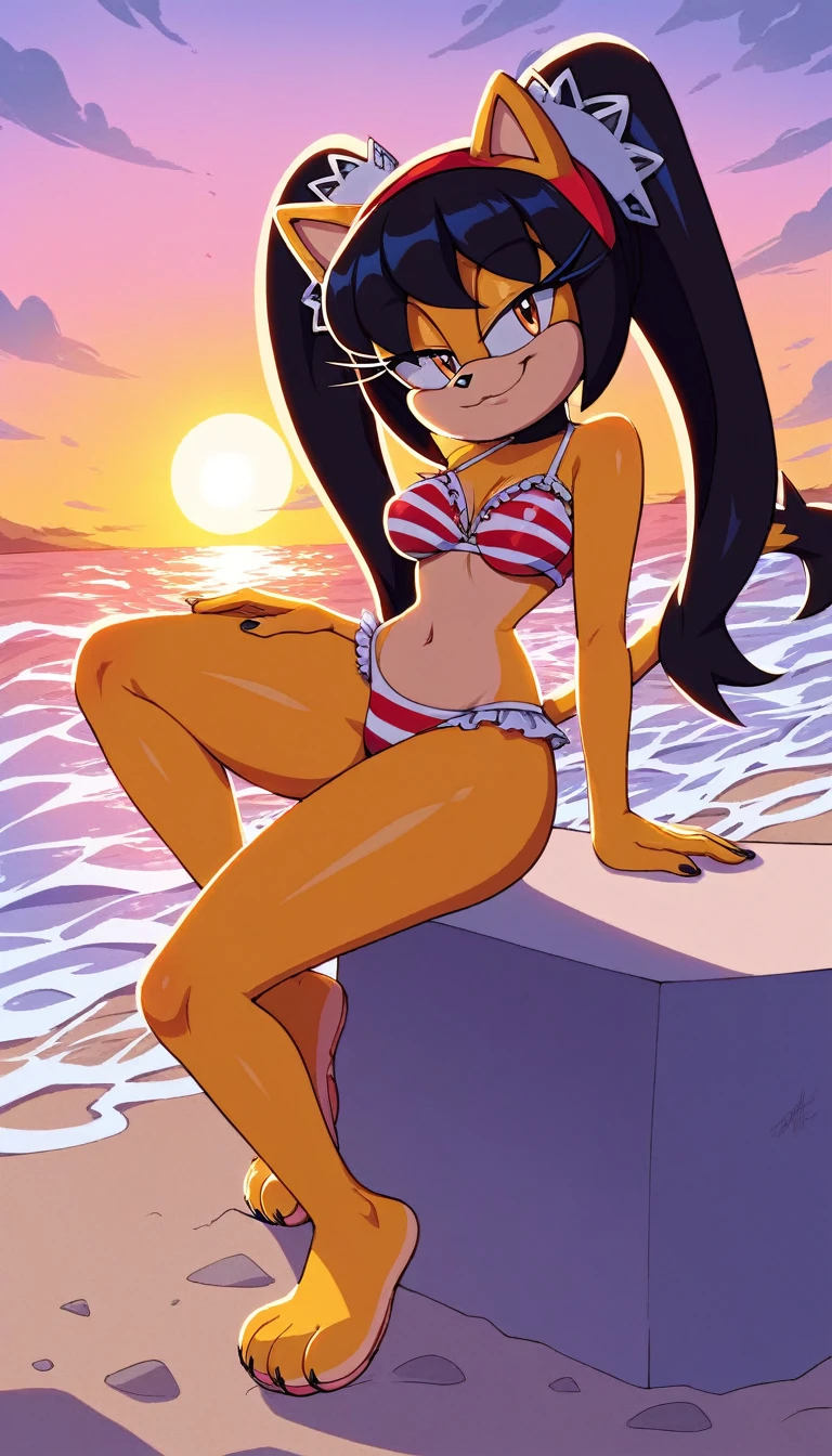 score_9, score_8_up, 2D, beach, sunset, looking at viewer, 1girl, very detailed, extremely detailed, honey the cat from the sonic the hedgehog series, full body, frilly hair ties, half-closed eyes, smug smile, {(red bikini), (striped bikini bra), (striped bikini panties), hips, thighs, medium breasts, paw feet