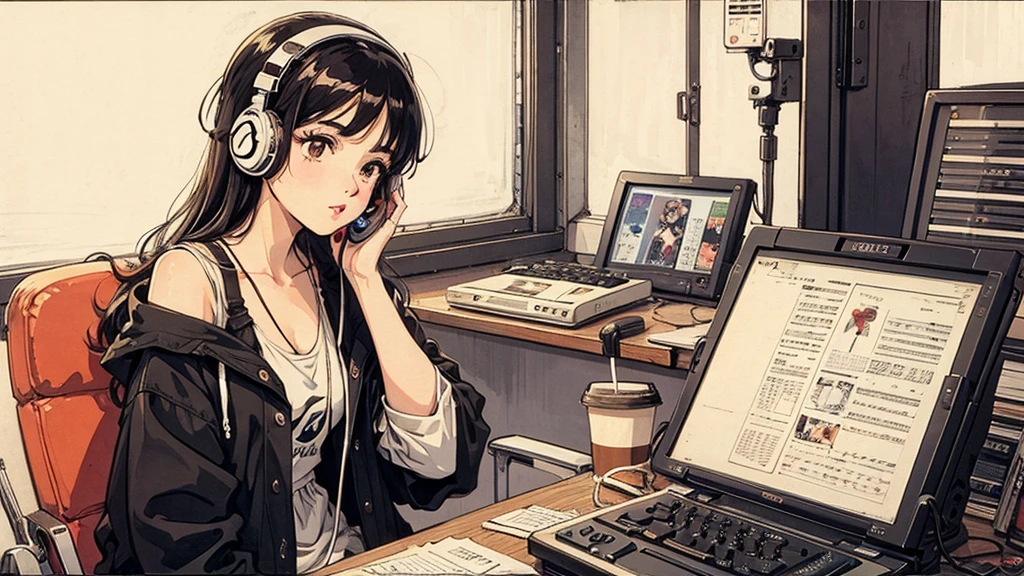 1 girl, 80s anime style, I have headphones on, coffee, Retro, Lo-Fi