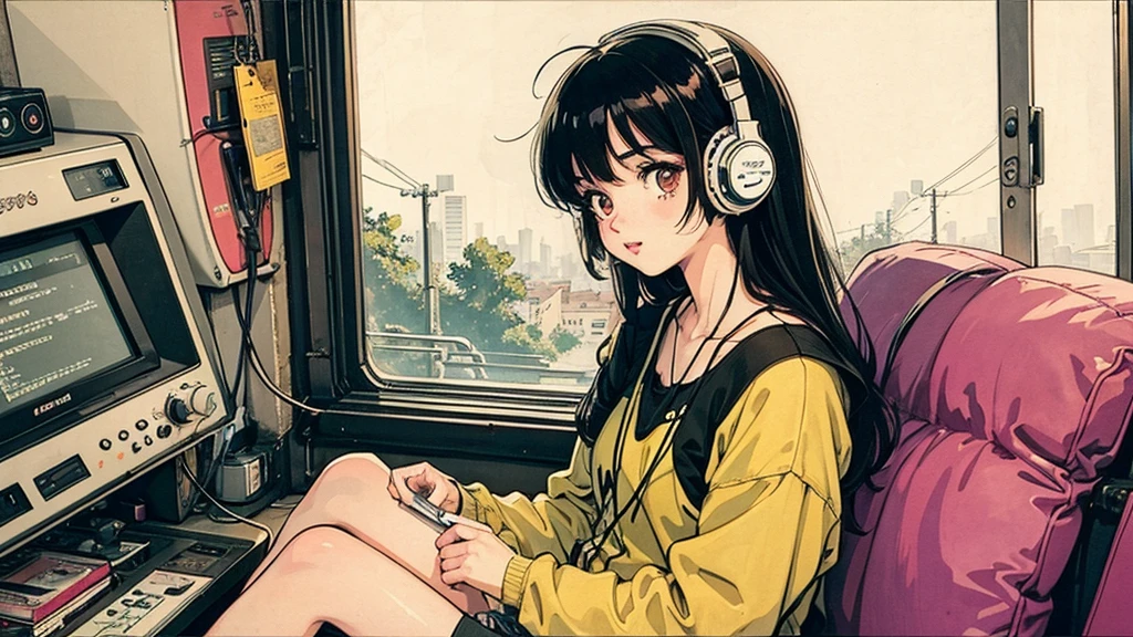 1 girl, 80s anime style, I have headphones on, coffee, Retro, Lo-Fi