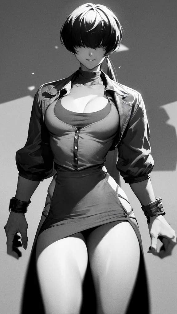 ((work of art,best qualityer)), absurderes_shermie, standing alone, smiling, gazing at viewer, cowboy shot, film composition, dynamic pose