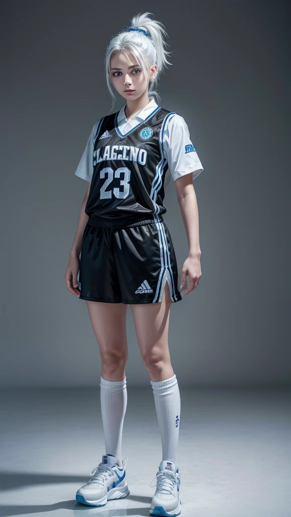 Female teenager with white hair up blue eyes and white skin wearing black NBA MEXICO uniform full body 