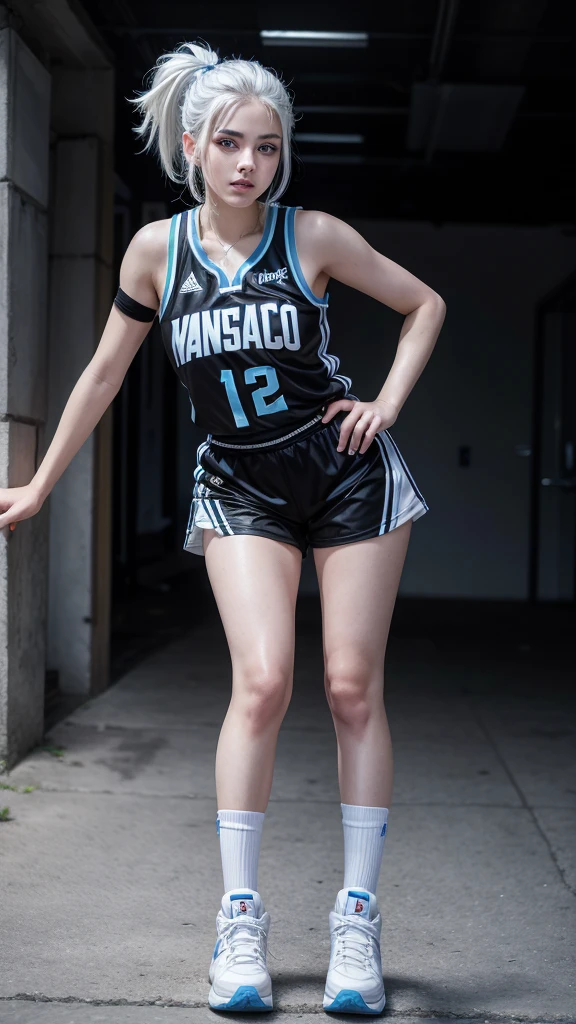 Female teenager with white hair up blue eyes and white skin wearing black NBA MEXICO uniform full body 