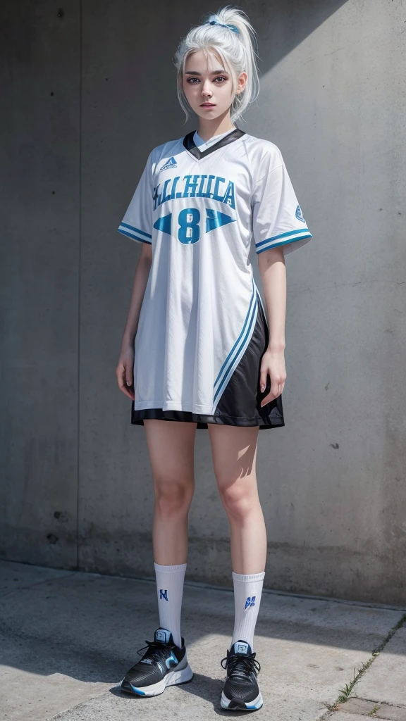 Female teenager with white hair up blue eyes and white skin wearing black NBA MEXICO uniform full body