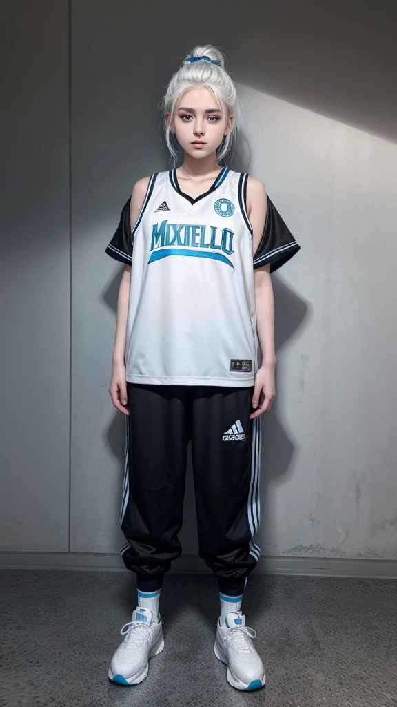Female teenager with white hair up blue eyes and white skin wearing black NBA MEXICO uniform full body