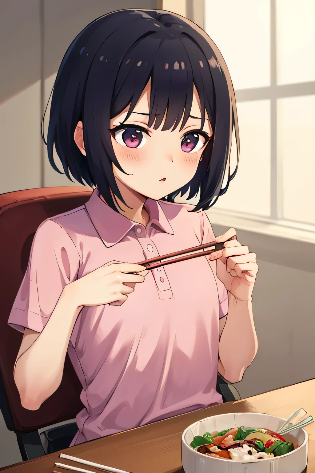 Highest quality, High resolution, 1.female, bento cute pink polo shirt short hair, Black Hair, table chair, Sitting, Focus on the chest Perfect chopsticks Cum on face Male genitals