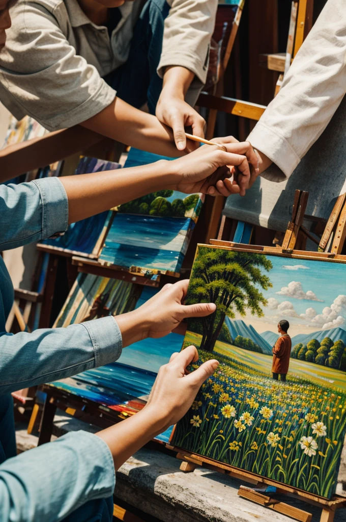 People with paintings in their hands, observing nature 