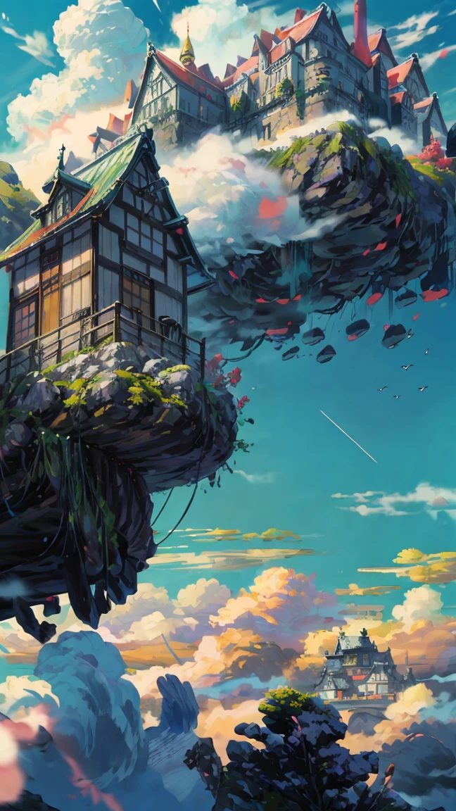 "A majestic castle on a floating sky island, Reminiscent of a Japanese-style fortress, Floating on fluffy clouds, Bask in the warm sunlight, Emits vibrant colors. masterpiece."