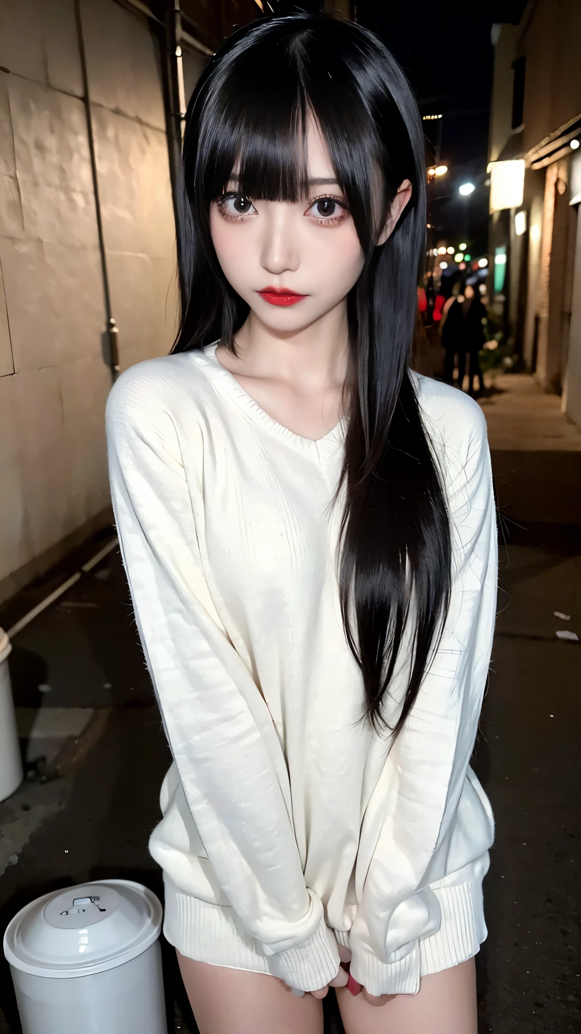 raw photo, 8k, (top-quality), Realistic, (real picture, Intricate details), (natural skin texture, detailed skin, hyper realism, sharpness), (Japanese age girl standing in a dirty back alley at night, folding arms, graffitied wall:1.3), ((white hand-knitted long sweater, v-neck sweater)), (pale skin:1.2), slender body, ((shorthair, blunt bangs)), (seductive face, provocative look, Parted lips:1.3, eye shadow, eyeliner, tear bag, red lipstick), thigh, graffiti:1.5, trash can, night time, spot lighting:1.3