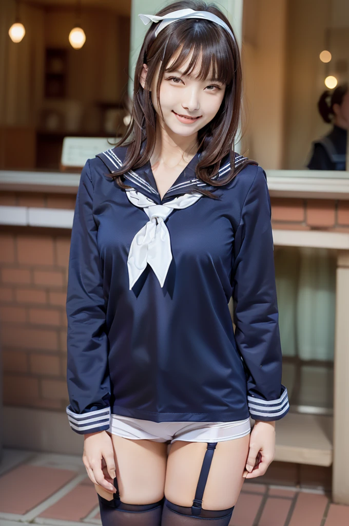 Sailor suit, One Woman, (Beautiful woman, delicate :1.3), Black Hair, Bobcut, bangs,8K), (Highest quality: 1.2), (Realistic), (Realistic: 1.37), (masterpiece), (Ultra-high resolution), (RAW Photos), (Absolute Resolution), (((体に比べてSmall face: 1.4))), (((Small face:１.4))), Balanced facial features, (Small Mouth: 1.4), ((Slim female body: 1.4)), Black Hair, (((long sleeve Sailor suit))), Realistic女子高生, (((White headband))), Small breasts, Slanted Eyes, Bright Blue Eyes, (Cafe on the open terrace), Open your mouth, smile, Blurred, ((Full Body Shot)), Black Stockings, Black garter belt,
