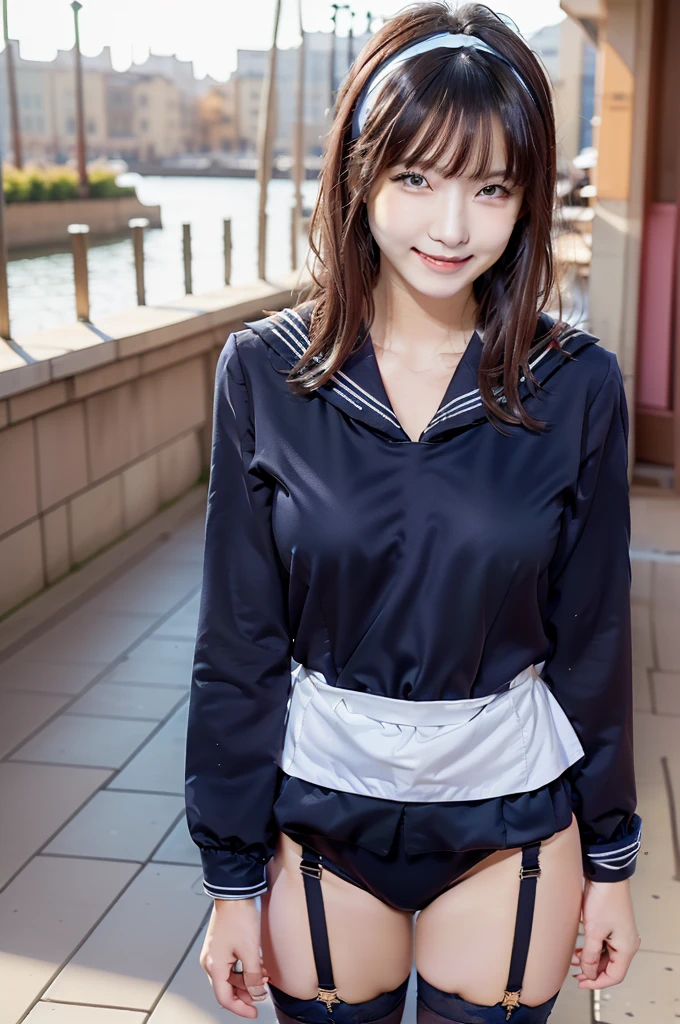 Sailor suit, One Woman, (Beautiful woman, delicate :1.3), Black Hair, Bobcut, bangs,8K), (Highest quality: 1.2), (Realistic), (Realistic: 1.37), (masterpiece), (Ultra-high resolution), (RAW Photos), (Absolute Resolution), (((体に比べてSmall face: 1.4))), (((Small face:1.4))), Balanced facial features, (Small Mouth: 1.4), ((Slim female body: 1.4)), Black Hair, (((long sleeve Sailor suit))), Realistic女子高生, (((White headband))), Small , Slanted Eyes, Bright Blue Eyes, (Cafe on the open terrace), Open your mouth, smile, Blurred, ((Full Body Shot)), Black Stockings, Black garter belt,