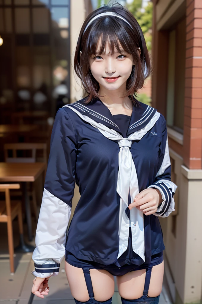 Sailor suit, One Woman, (Beautiful woman, delicate :1.3), Black Hair, Bobcut, bangs,8K), (Highest quality: 1.2), (Realistic), (Realistic: 1.37), (masterpiece), (Ultra-high resolution), (RAW Photos), (Absolute Resolution), (((体に比べてSmall face: 1.4))), (((Small face:１.4))), Balanced facial features, (Small Mouth: 1.4), ((Slim female body: 1.4)), Black Hair, (((long sleeve Sailor suit))), Realistic女子高生, (((White headband))), Small breasts, Slanted Eyes, Bright Blue Eyes, (Cafe on the open terrace), Open your mouth, smile, Blurred, ((Full Body Shot)), Black Stockings, Black garter belt,