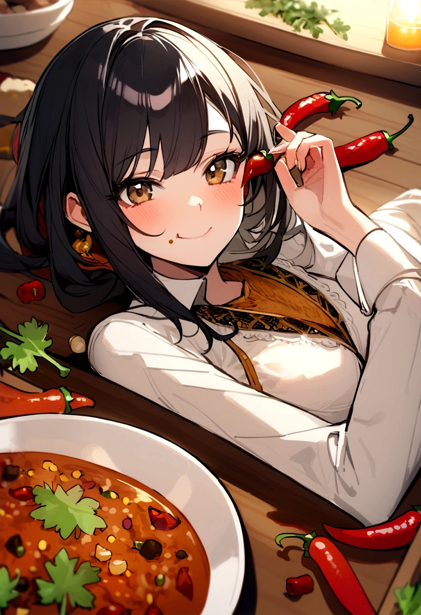 Chili pepper、spices、woman、smile、eating、Spices is in the middle of the image、very skinny female、cute、Korean、Asian Girl、beautiful girl、Lifting the spices、It's like lining up faces next to a plate of spices、The person was lying on top of more than 10 kinds of spices, including chili peppers and parsley.Black Hair Girl、Great style