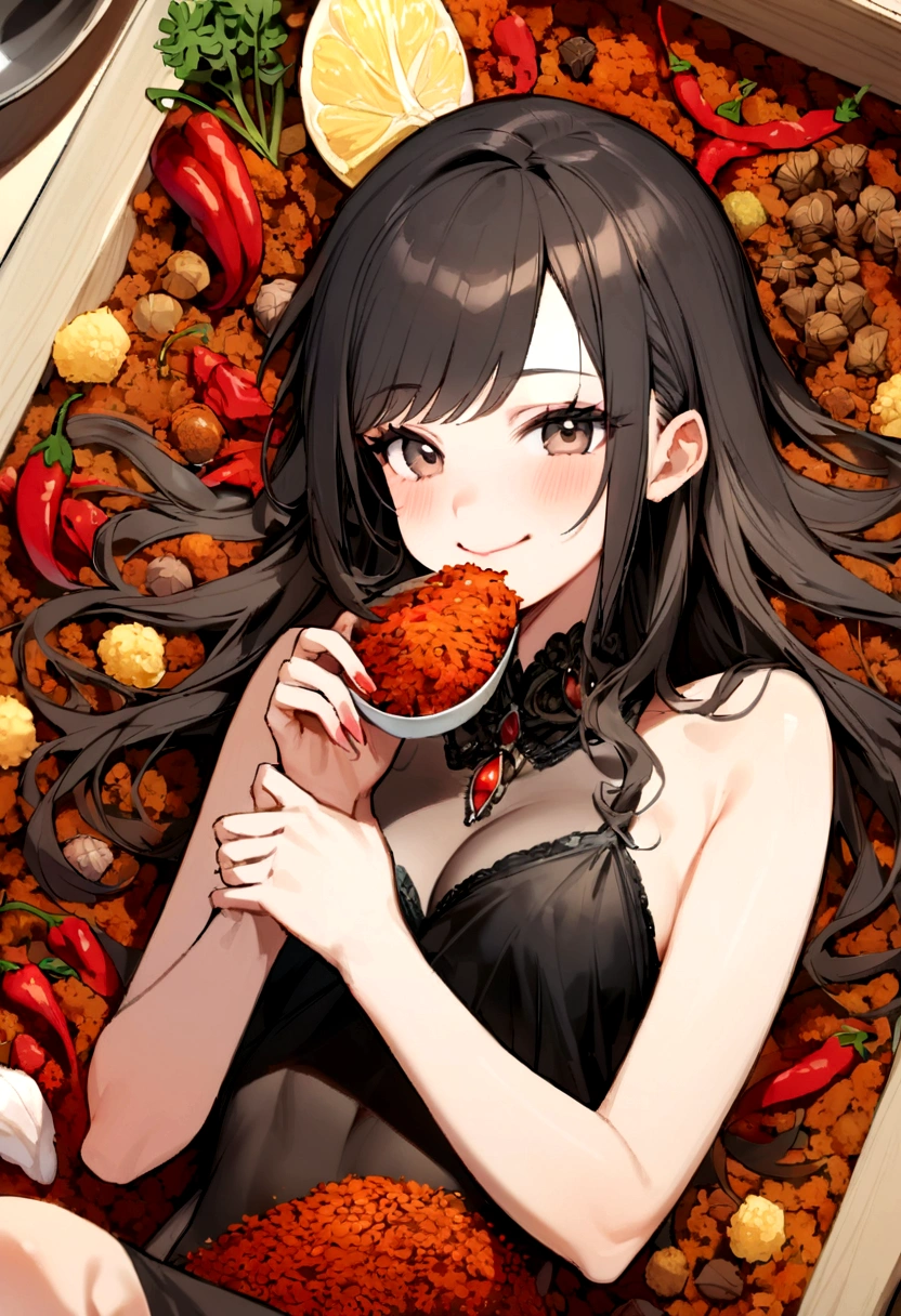 Chili pepper、spices、woman、smile、eating、Spices is in the middle of the image、very skinny female、cute、Korean、Asian Girl、beautiful girl、Lifting the spices、It's like lining up faces next to a plate of spices、The person was lying on top of more than 10 kinds of spices, including chili peppers and parsley.Black Hair Girl、Great style