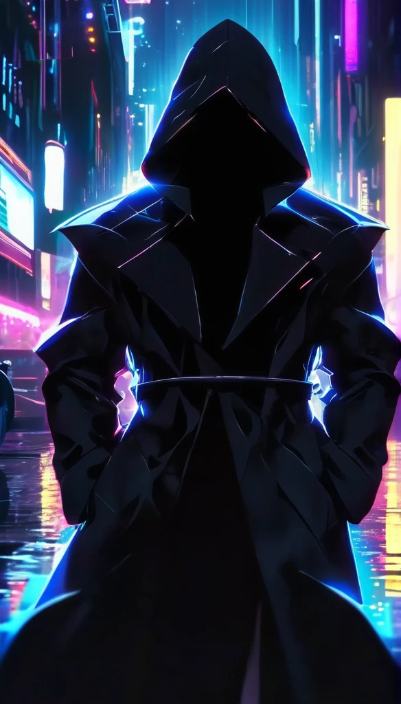 wide and far shot, ((a man in a black hooded trench coat, return to camera:1.5)), standing on rainy street, looking at a futuristic city at night, a dark cityscape with neon lights (Best Quality, 4k, 8k , high resolution, Masterpiece: 1.2), ultra detailed (realist, photorealist, photorealist: 1.37), cinematic lighting, dramatic shadows, moody atmosphere, intricate details, Bright city lights, advanced technology, Retro-futuristic architecture, dynamic pose, hood that casts shadows on the face, intense look