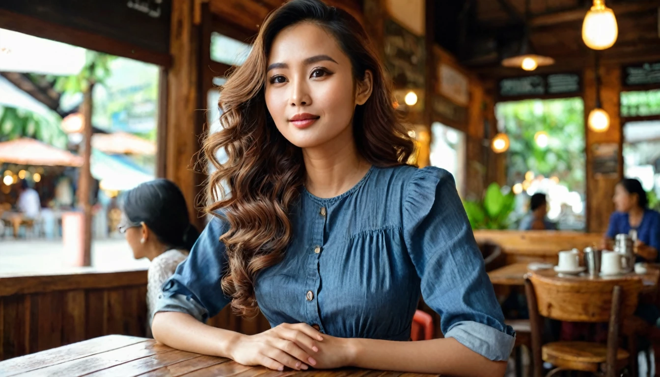 Create an image of a beautiful woman with long, wavy hair, wearing a stylish dress, as she enters a cozy, brightly lit cafe. Adul, an Indonesian man with a shaved head, slightly brownish skin, 30 years old, wearing a blue shirt and jeans, was sitting at the table. He looked up, mesmerized, watching her from a distance. This cafe has a rustic charm with wooden tables, dim lights and a friendly atmosphere. Take a picture from the side to see Adul looking at the woman. (8K, realistic, hyper focus, hyper detail, full shot)