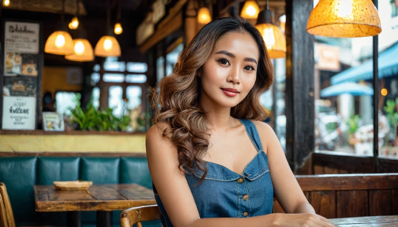 Create an image of a beautiful woman with long, wavy hair, wearing a stylish dress, as she enters a cozy, brightly lit cafe. Adul, an Indonesian man with a shaved head, slightly brownish skin, 30 years old, wearing a blue shirt and jeans, was sitting at the table. He looked up, mesmerized, watching her from a distance. This cafe has a rustic charm with wooden tables, dim lights and a friendly atmosphere. Take a picture from the side to see Adul looking at the woman. (8K, realistic, hyper focus, hyper detail, full shot)