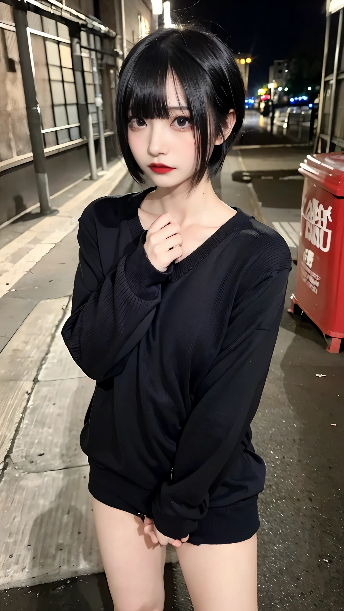 raw photo, 8k, (top-quality), Realistic, (real picture, Intricate details), (natural skin texture, detailed skin, hyper realism, sharpness), (Japanese teenage girl standing in a dirty back alley at night, folding arms, graffitied wall:1.3), ((white hand-knitted long sweater, v-neck sweater)), (pale skin:1.2), slender body, ((shorthair, blunt bangs)), (seductive face, provocative look, Parted lips:1.3, eye shadow, eyeliner, tear bag, red lipstick), thigh, graffiti:1.5, trash can, night time, spot lighting:1.3