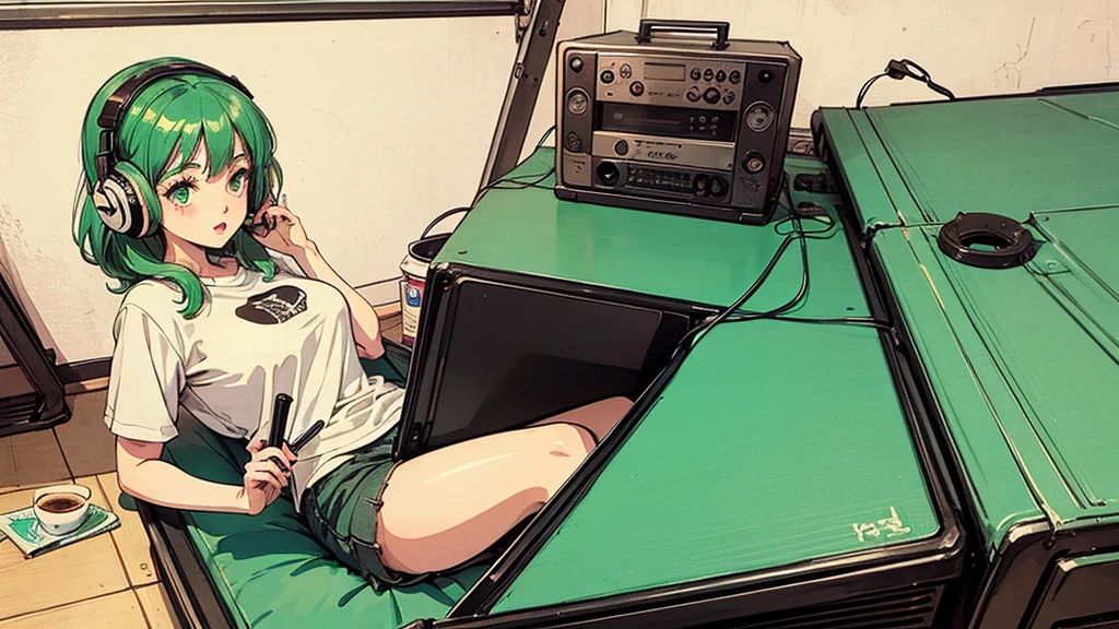 1 girl, 80s anime style, green hair,  I have headphones on, coffee, Retro, Lo-Fi