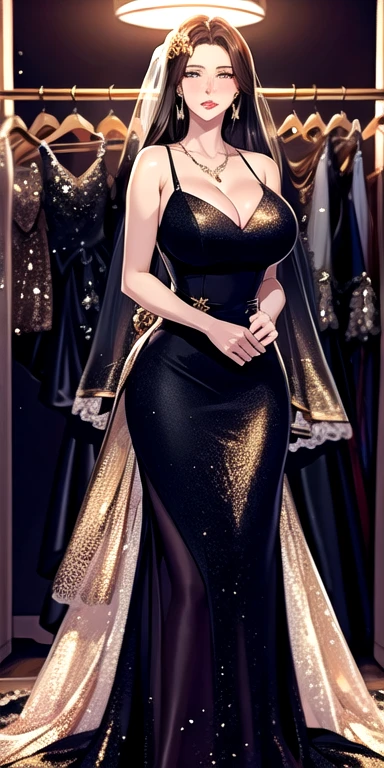 masterpiece:1.5, best quality:1.5, aesthetic, 1girl, sidelocks, cinematic lighting, sharp focus,large breasts , mature female ,16k, glowing eyes, detailed 4k eyes,
playground,seduction,sexy lips, parted lips,detailed lips,
red lips, high detailed background, purple eyes, detailed face,shiny skin,solo
AuntJune, auntjunev2,single hair bun, brown hair, bangs,
, (black and golden wedding dress:1.6),jewelry, blush,,large breasts, cleavage,full body, long dress, flowers, bridal veil, (bridal gown:1.5),wedding, (golden viel),necklace, long earrings, wedding hall, multiple dresses, closet,