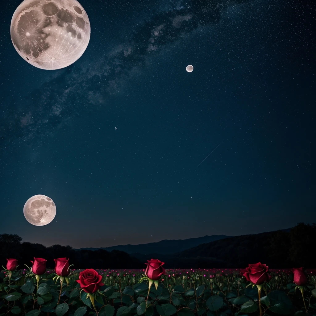 A solitary rose in a field at night with a full moon and starry sky and an illuminated white butterfly landing on the rose.