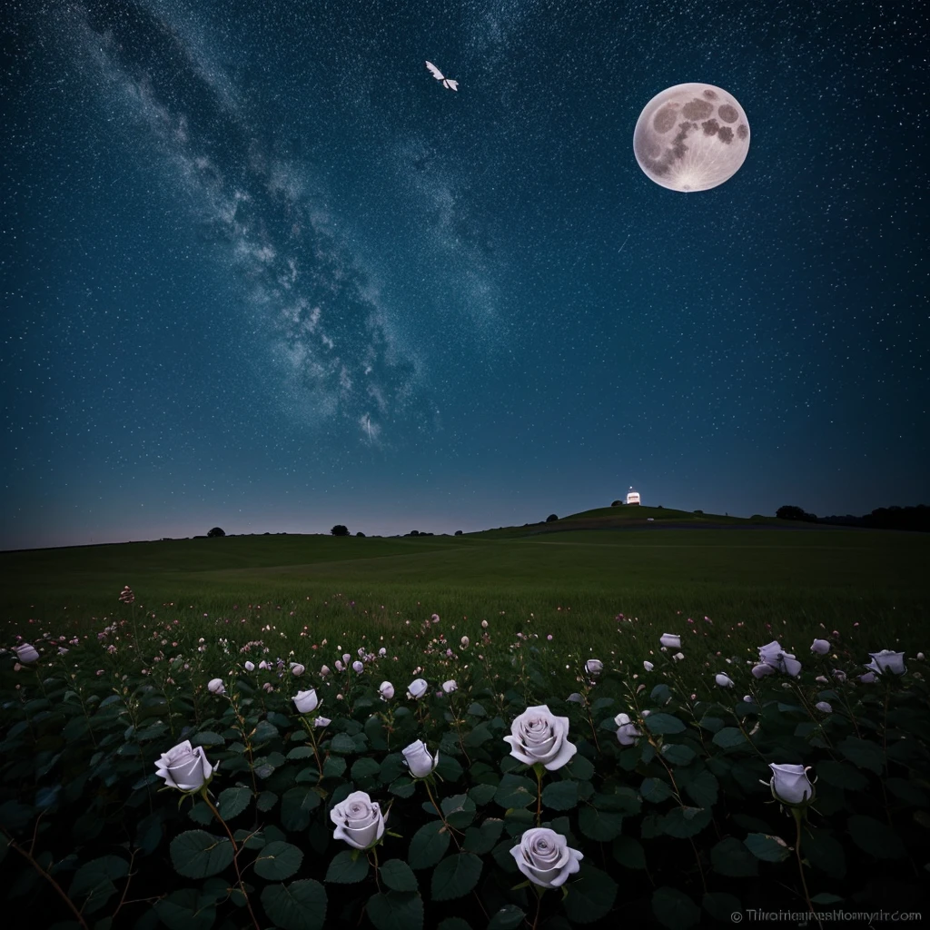 A solitary rose in a field at night with a full moon and starry sky and an illuminated white butterfly landing on the rose.