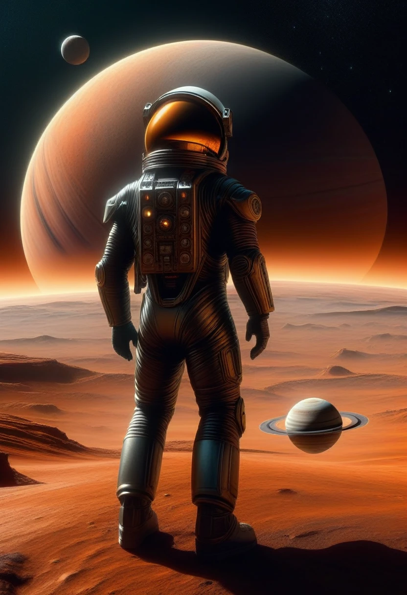 Mars. an astronaut on a moon of mars, seen from mars with the beautiful ringed planet saturn in the background. an astronaut works on titanium against the backdrop of the huge planet saturn - saturn's rings. ultra realistic photo of a minimalist futuristic full body power suit, no lights, made of black matte metal and polymer, all crystal body, imposing, modern minimalist, elegant, dystopian, mysterious, god-like, scary, in the dark. room, 16k. space by zdzislaw beksinski