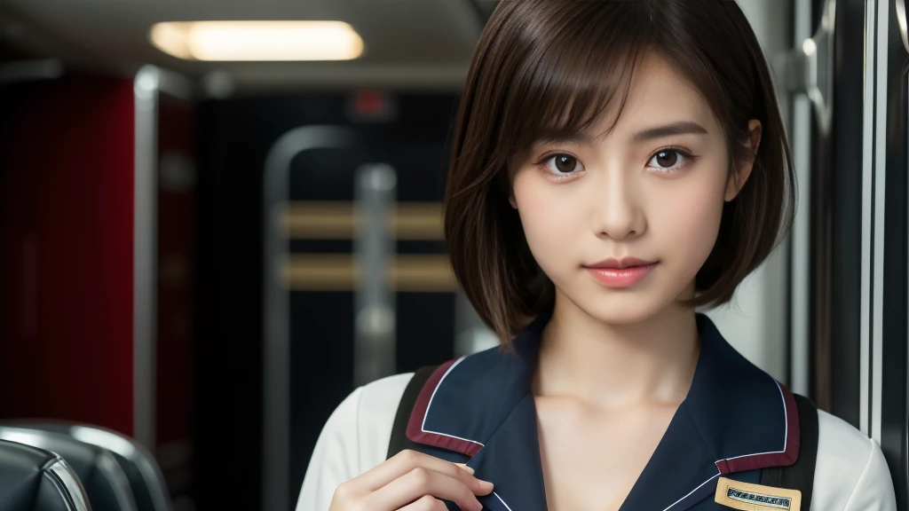 ((masterpiece, Highest quality)), Cleavageの綺麗な美しい女性 :1.55, Cleavage:1.55,(brown〜Black Hair, Bob Hairstyle, Square face), (Big Breasts:1.5), (Natural Skin), foot, (Super short airline stewardess uniform:1.3), (Seductive look:1.2), Airplane cabin background, (超High resolution, 8k wallpaper, High resolution), Cinema Lighting, Physically Based Rendering, Award-winning, Highly detailed skin, Highly detailed face, High Detail Eyes, Carl Zeiss 85mm f/1.4, By Ellen von Unwerth
