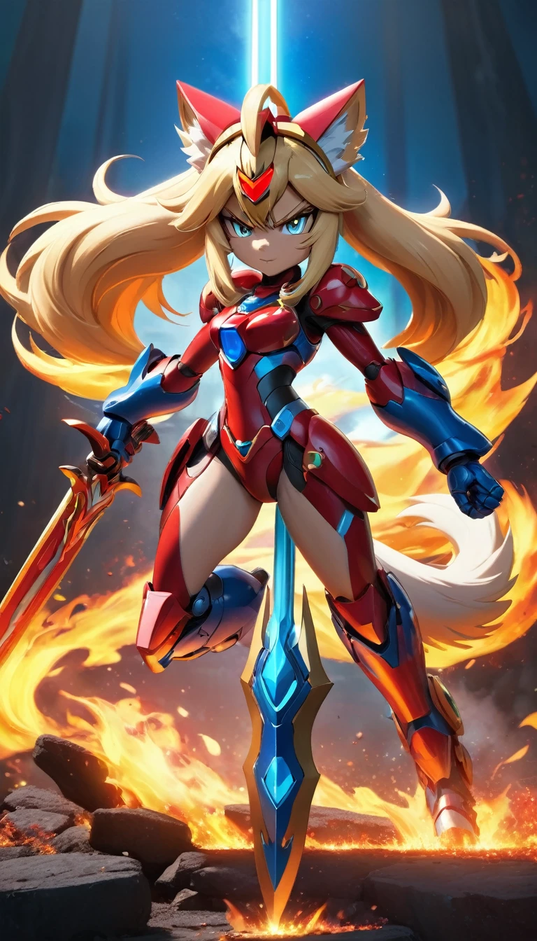 Masterpiece, exquisite and detailed, 4k, 8k, high resolution, hightech fantasy style inspired by the design of Megaman X, an anthro wolf reploid goddess with long blonde ponytail hair, helmet and red armor with white details, fierce, curvy, wielding a large flaming sword, posing next to the sword, dynamic light , cinematic BG, highly detailed
