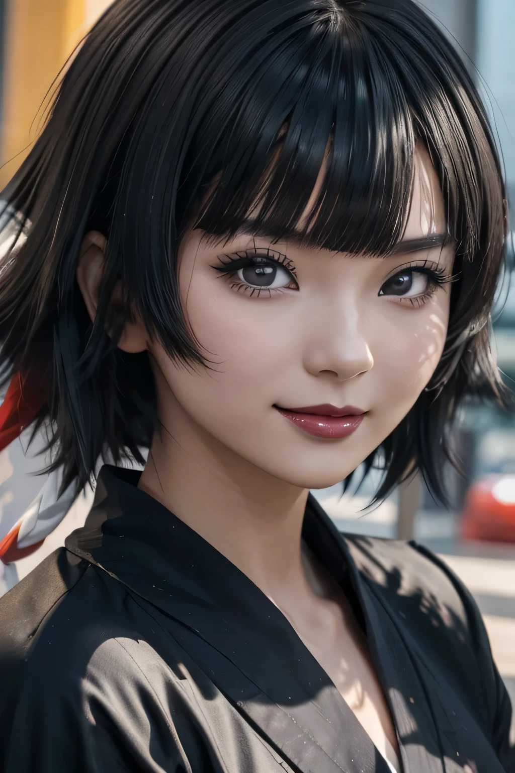 sfw, a close up of a person with short hair and a black kimono, soifon, soifon from anime bleach, as an anime character, perfect anime face, she has black hair with bangs, female anime character, anime character, anime best girl, hime cut hairstyle, black hair, (red glossy lips:1.3), blue eyes, smile, realistic, ultra detail, city background, (beautiful face:1.3), wearing bra,((skinny waist)), young asian girl, ((big breasted)),