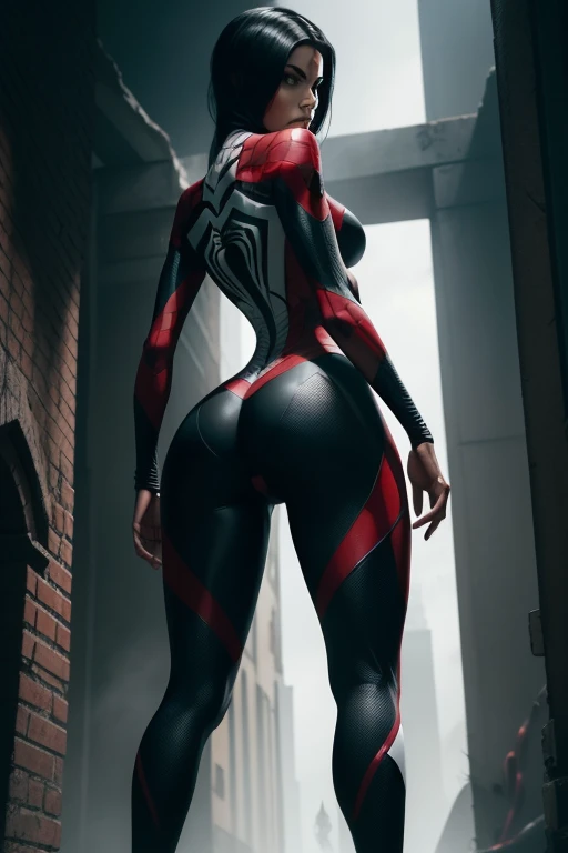 Araffe woman dressed in black and white walking showing the buttocks., spider gwen, araña-gwen, araña - gwen, wires in your body, lara croft as Spider woman, Spider woman, ( ( Spider woman) ), Spider woman!!!!!, interlaced full body view, full body cg society, Spider woman!!, Detailed full body concept