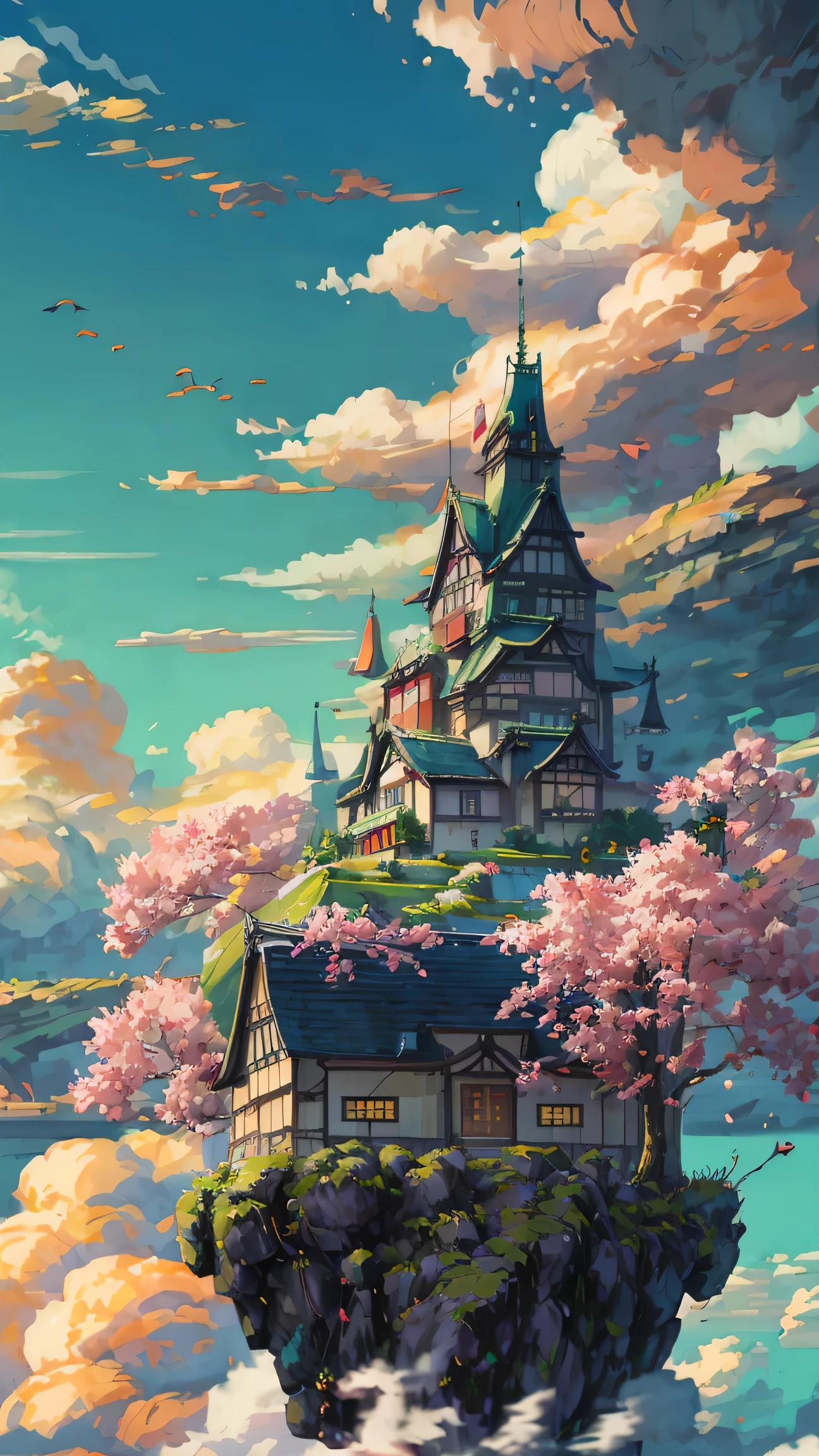 "A majestic castle on a floating sky island, Reminiscent of a Japanese-style fortress, Floating on fluffy clouds, Bask in the warm sunlight, Emits vibrant colors. masterpiece."