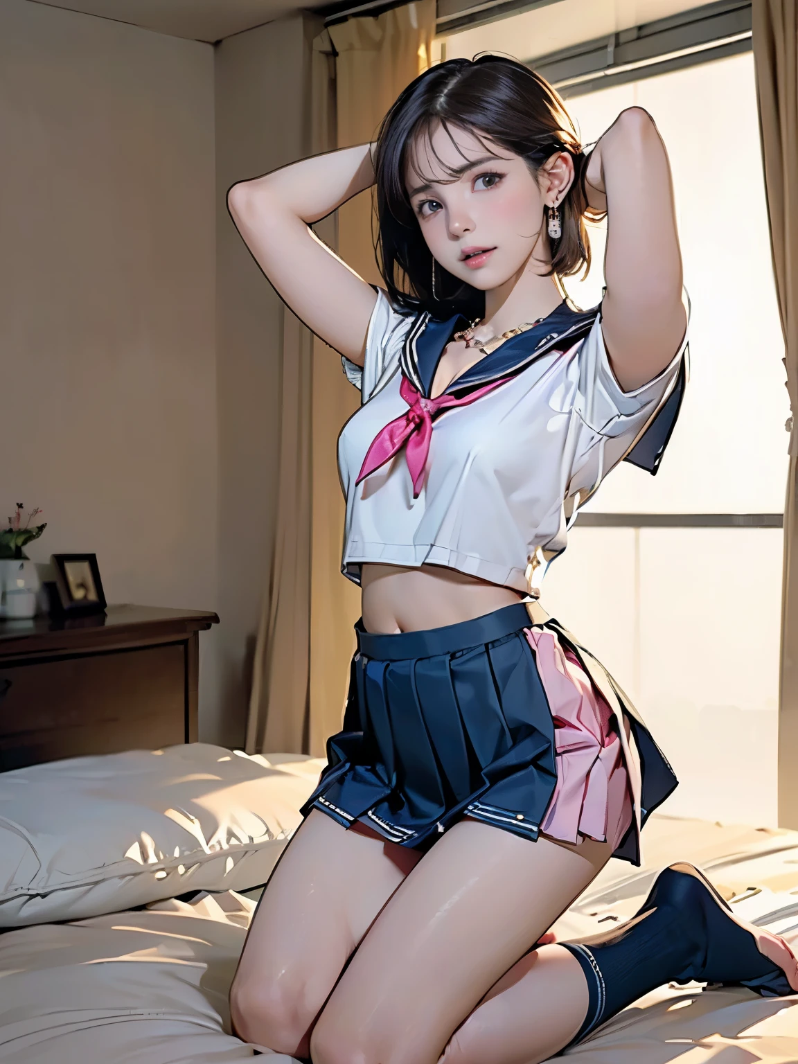 ((((Highest quality))))、(((Ultra-precision CG16K wallpaper)))、(((masterpiece)))、(((Super detailed)))、(((Extreme detail)))、((1Mature 29 year old woman:1.6))、((Very beautiful Japan face of a person))、((Urizane Face:1.8))、((Short bob straight hair:1.7))、(Shiny Hair)、A delicately drawn beautiful face、(Dark Eyes、Reflected light from the eye)、double eyelid、High nose、Small nostrils、Small Mouth、Seductive lips、Beautiful breasts、((C cup size breasts))、Cleavage、Beautiful feet、Thin thighs、eight-headed body、Perfect proportions、Perfect Anatomy、Perfect composition、Beautiful detailed shading、Beautiful, natural lighting、Beautiful detail glow、Depth of written boundary、(((High chroma)))、(((Real:1.9)))、((vivid:1.5))、((Beautiful Skin))、((Skin Texture))、((Realな皮膚感))、(((Full Shot:1.6)))、(((front view、shoot from front、front low angle:1.6)))、(((Half-open mouth、Surprised face:1.4)))、(((looking at viewer:1.6)))、Bright daylight、Natural light、(((background_window、curtain:1.3)))、(Cowgirl pose:1.6)、(((High school girl sailor uniform&Light pink pleated mini skirt:1.6)))、((hair band、necklace、Wearing earrings:1.6))、((wearing high socks:1.3))、(((A woman is kneeling on the bed、Putting hands behind head:1.8)))、