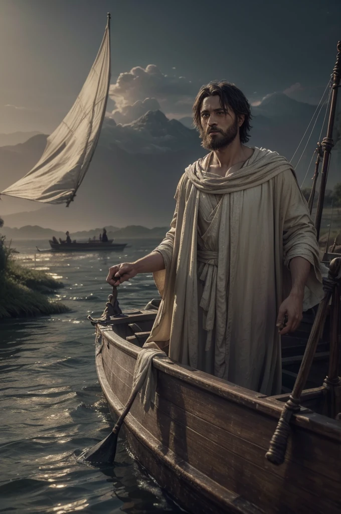 a winged ferryman charon in beautiful robes, sailing his boat full of people across a river, observing two men on the riverbank, (best quality,4k,8k,highres,masterpiece:1.2),ultra-detailed,(realistic,photorealistic,photo-realistic:1.37),intricate details,dramatic lighting,muted color palette,classical painting style