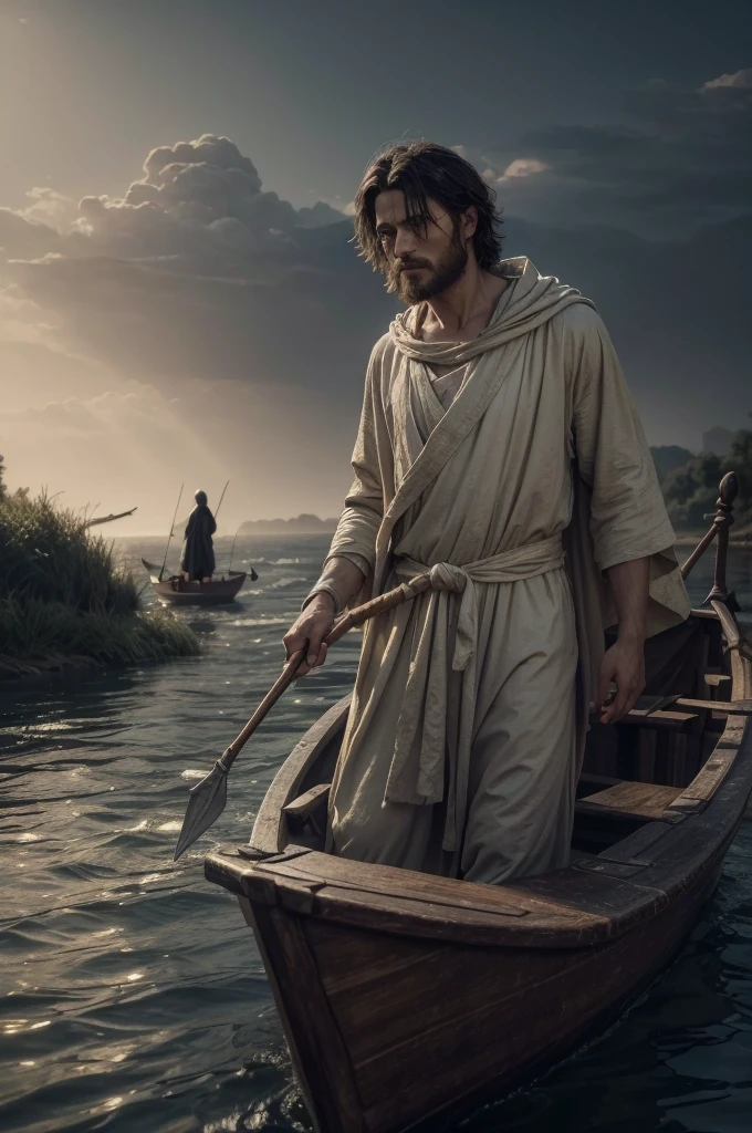 a winged ferryman charon in beautiful robes, sailing his boat full of people across a river, observing two men on the riverbank, (best quality,4k,8k,highres,masterpiece:1.2),ultra-detailed,(realistic,photorealistic,photo-realistic:1.37),intricate details,dramatic lighting,muted color palette,classical painting style