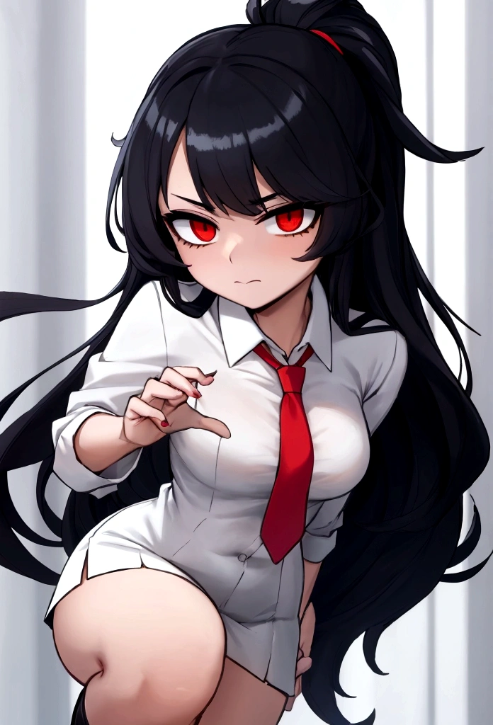 Close-cropped bangs, long sideburns, long straight black hair, female student, navy blazer, white shirt, red ribbon tie, checked miniskirt, Raise foot high , high-kick, shout