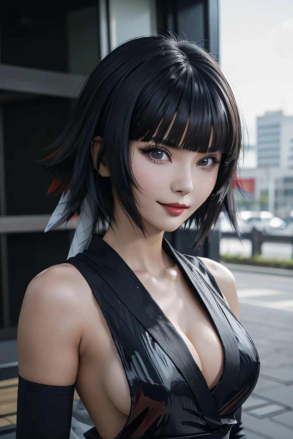 sfw, a close up of a person with short hair and a black kimono, soifon, soifon from anime bleach, as an anime character, perfect anime face, she has black hair with bangs, female anime character, anime character, anime best girl, hime cut hairstyle, black hair, (red glossy lips:1.3), blue eyes, smile, realistic, ultra detail, city background, (beautiful face:1.3), wearing bra,((skinny waist)), young asian girl, ((big breasted)),