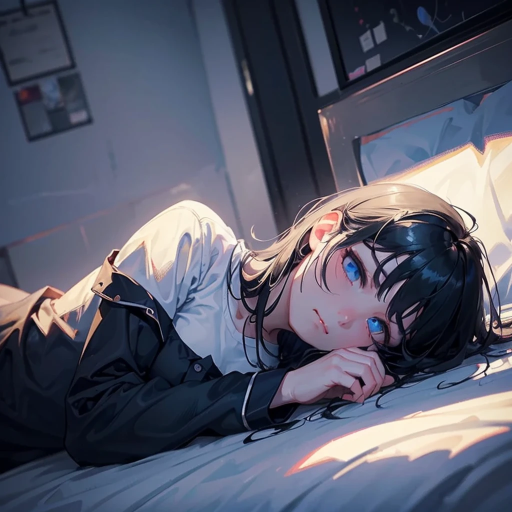 Masterpiece, sad girl, black hair, blue eyes, laying on back, dark room, black pyjama