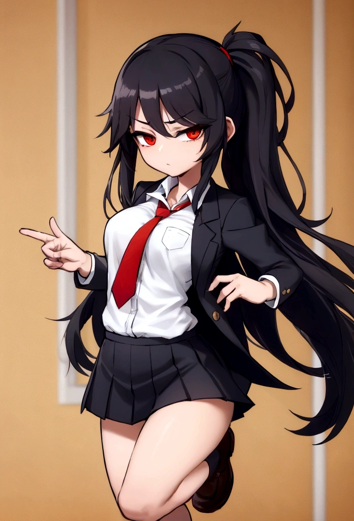Close-cropped bangs, long sideburns, long straight black hair, female student, navy blazer, white shirt, red ribbon tie, checked miniskirt, Raise foot high , high-kick, shout