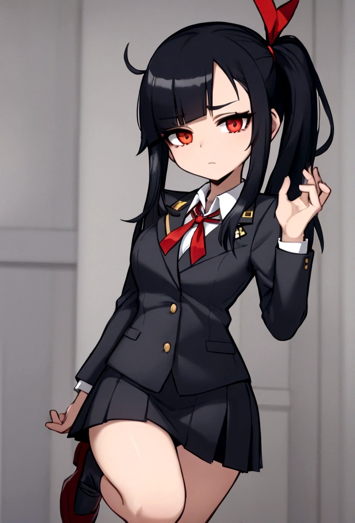 Close-cropped bangs, long sideburns, long straight black hair, female student, navy blazer, white shirt, red ribbon tie, checked miniskirt, Raise foot high , high-kick, shout